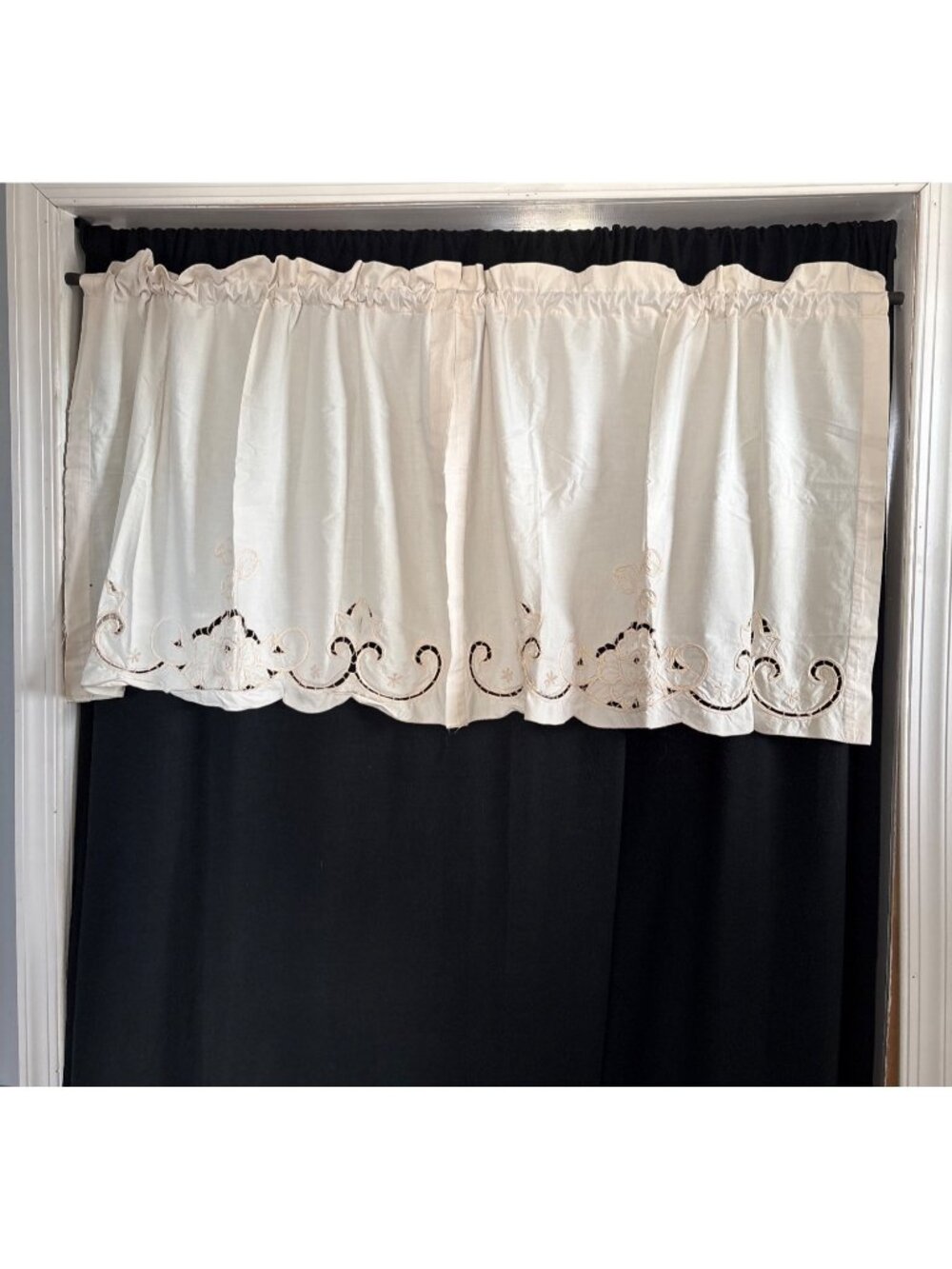 Vintage Cream Embroidered Cotton Valance - Floral Cutwork Design 60"W x 23"L Cur